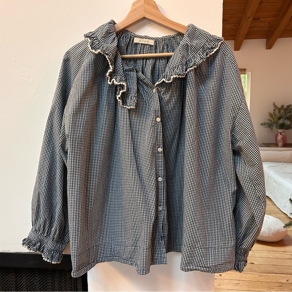 Doen blue and white gingham blouse, size small.